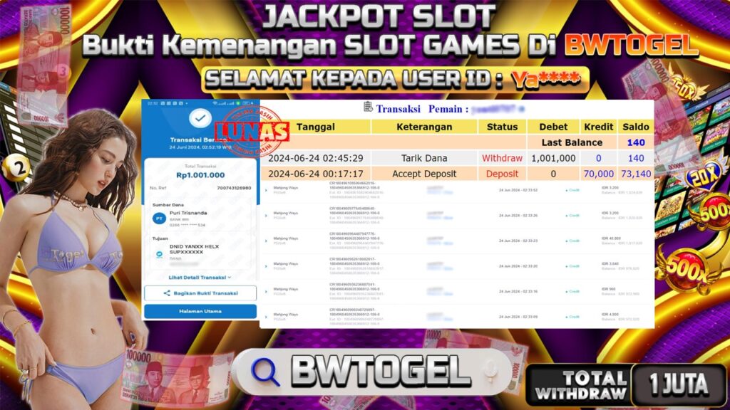 BUKTI JACKPOT SLOT MAHJONG WAYS TERPERCAYA DI INDONESIA TGL 24-06-2024