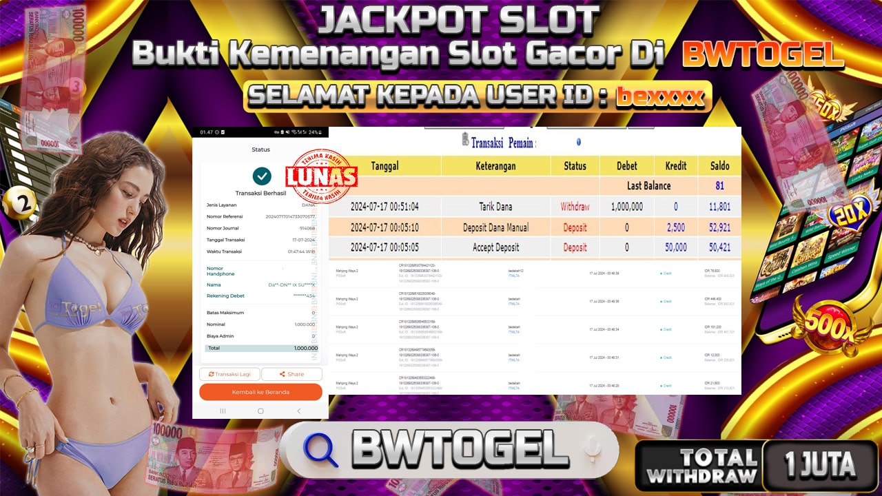 BUKTI JACKPOT SLOT MAHJONG WAYS TERPERCAYA DI INDONESIA TGL 17-07-2024