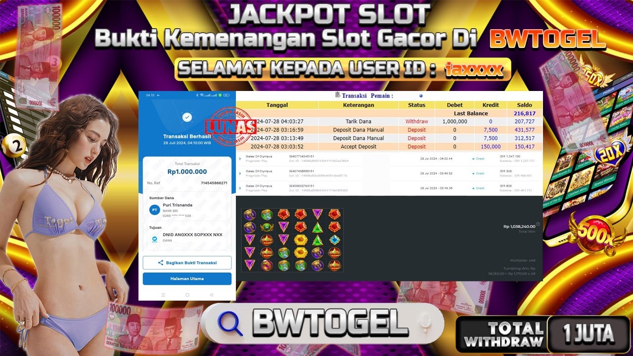 BUKTI JACKPOT SLOT GATES OF OLYMPUS TERPERCAYA DI INDONESIA TGL 28-07-2024