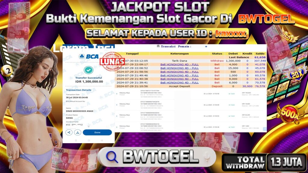 BUKTI JACKPOT SLOT MAHJONG WAYS TERPERCAYA DI INDONESIA TGL 30-07-2024