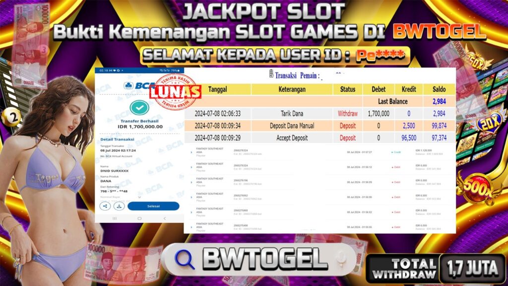 BUKTI JACKPOT SLOT FANTASY SOUTHEAST ASIA TERPERCAYA DI INDONESIA TGL 08-07-2024