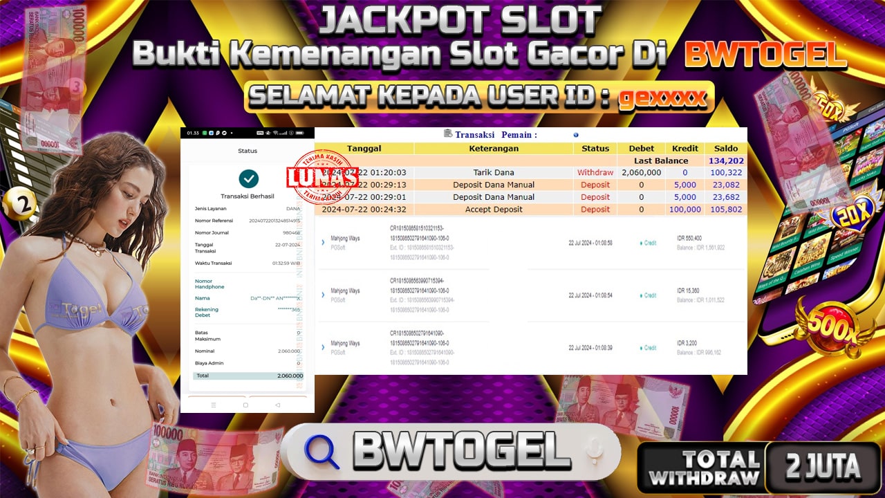 BUKTI JACKPOT SLOT MAHJONG WAYS TERPERCAYA DI INDONESIA TGL 22-07-2024