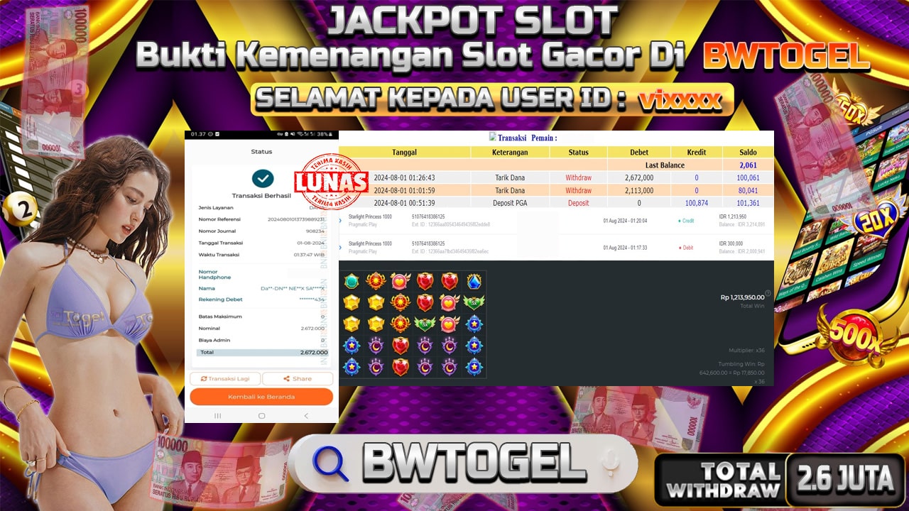 BUKTI JACKPOT SLOT STARLIGHT PRINCES 1000 TERPERCAYA DI INDONESIA TGL 01-08-2024