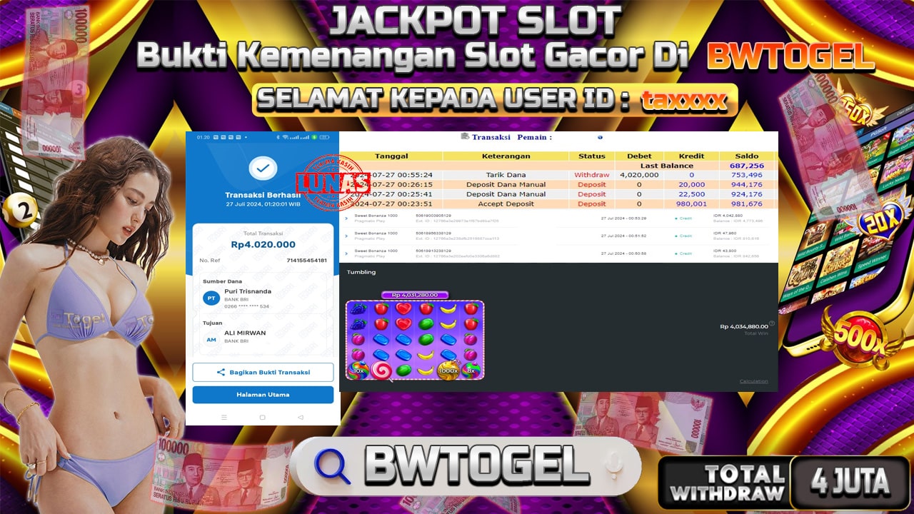 BUKTI JACKPOT SLOT SWEET BONANZA 1000 TERPERCAYA DI INDONESIA TGL 27-07-2024