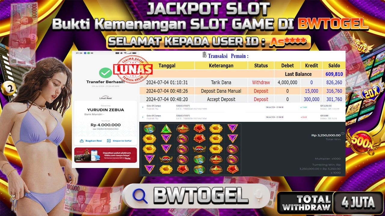 BUKTI JACKPOT SLOT GATES OF OLYMPUS TERPERCAYA DI INDONESIA TGL 04-07-2024