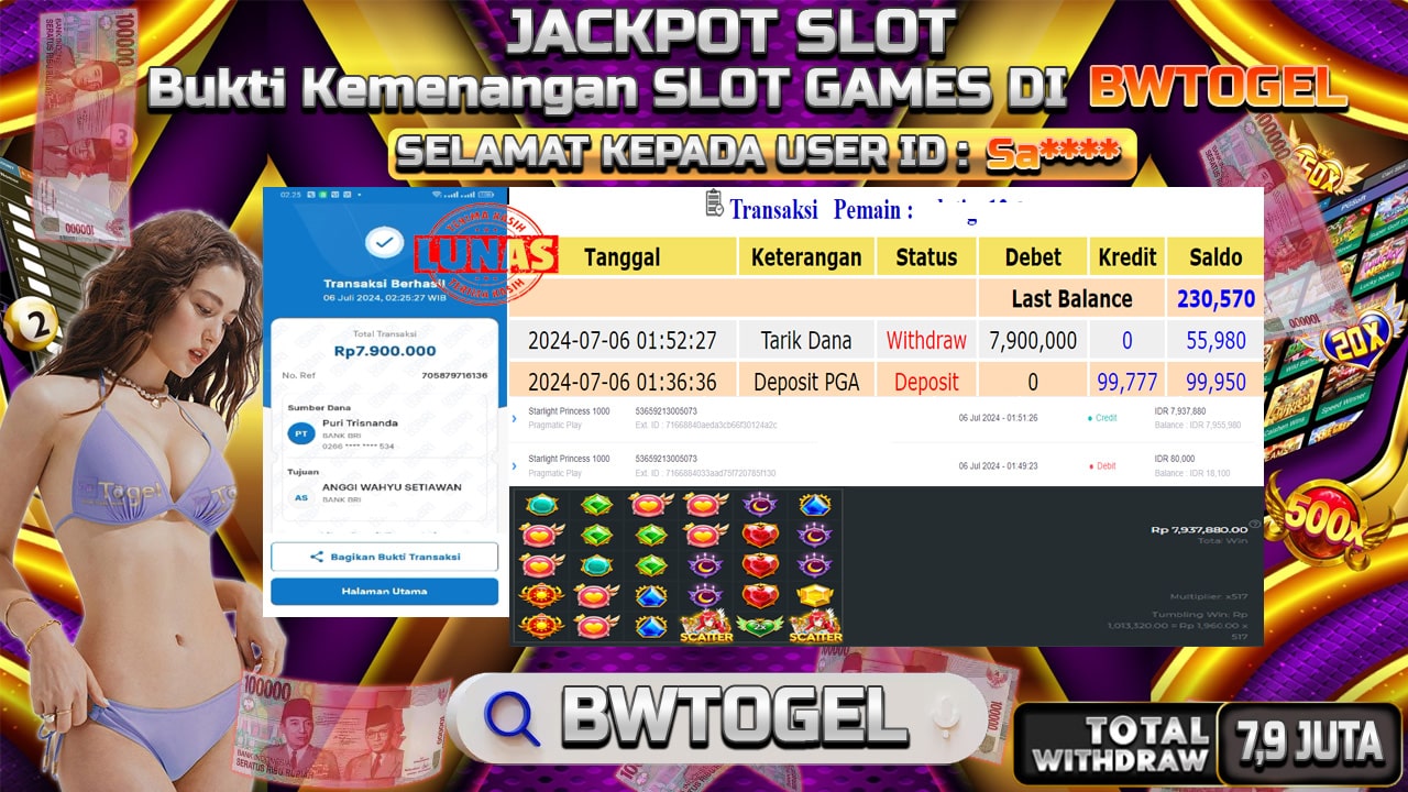 BUKTI JACKPOT SLOT STARLIGHT PRINCESS 1000 TERPERCAYA DI INDONESIA TGL 06-07-2024