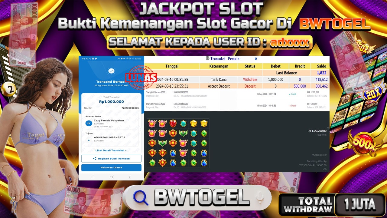 BUKTI JACKPOT SLOT STARLIGHT PRINCESS 1000 TERPERCAYA DI INDONESIA TGL 16-08-2024