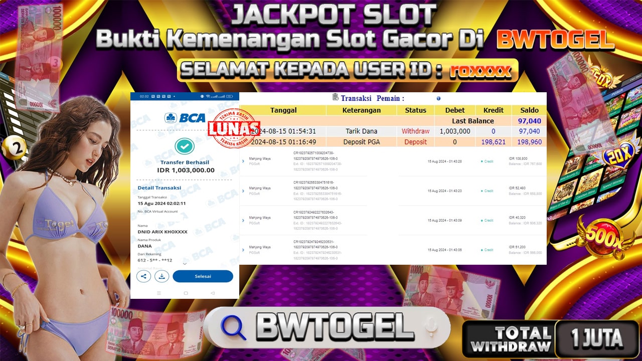 BUKTI JACKPOT SLOT MAHJONG WAYS TERPERCAYA DI INDONESIA TGL 15-08-2024