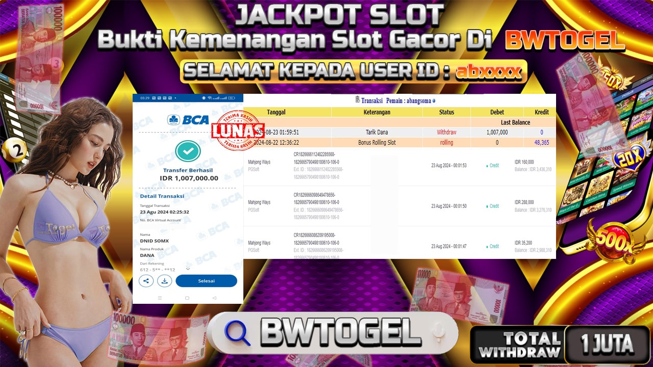 BUKTI JACKPOT SLOT MAHJONG WAYS TERPERCAYA DI INDONESIA TGL 23-08-2024