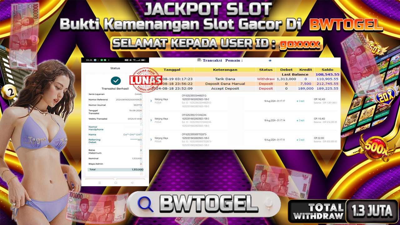 BUKTI JACKPOT SLOT MAHJONG WAYS TERPERCAYA DI INDONESIA TGL 19-08-2024