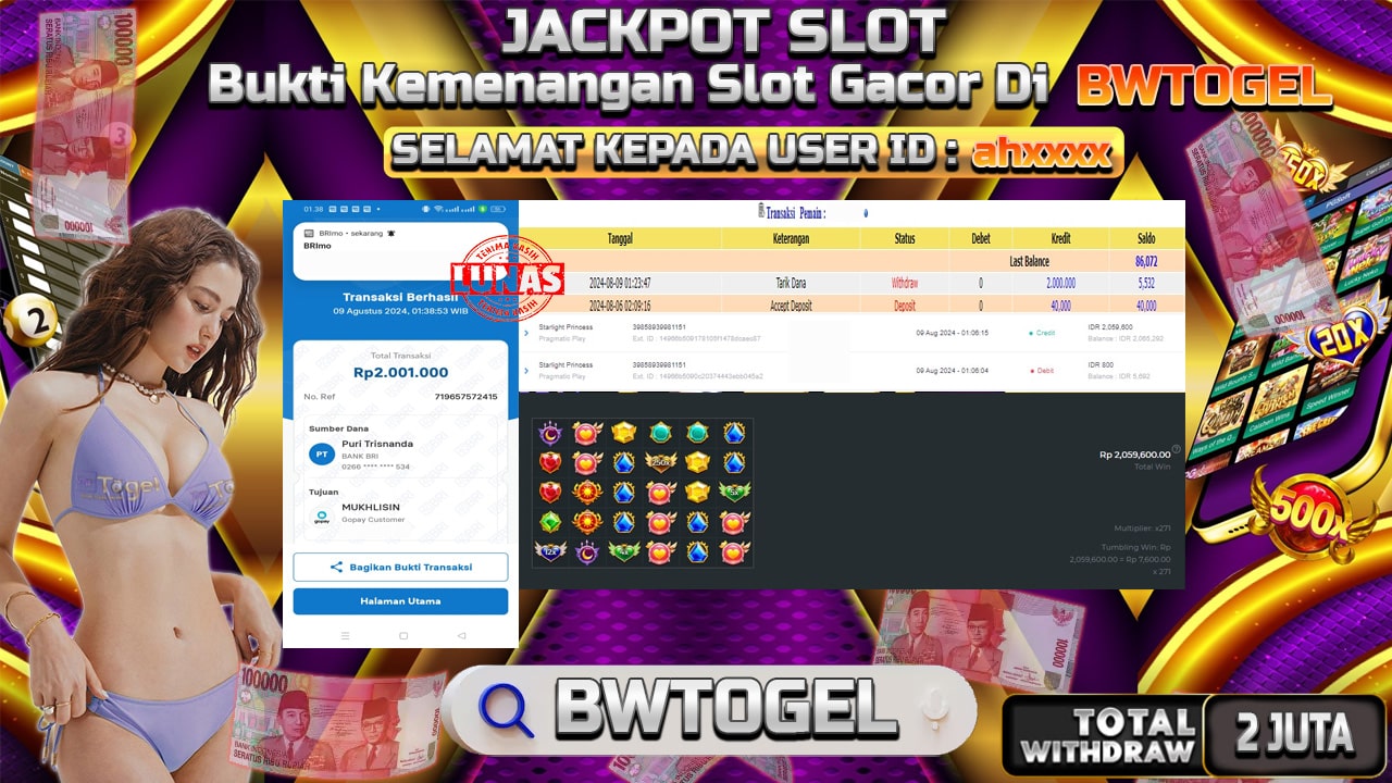 BUKTI JACKPOT SLOT STARLIGHT PRINCESS TERPERCAYA DI INDONESIA TGL 09-08-2024