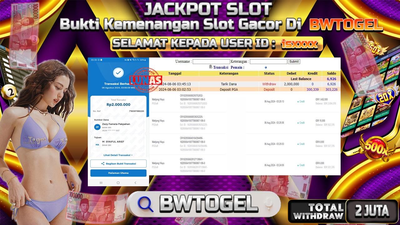 BUKTI JACKPOT SLOT MAHJONG WAYS TERPERCAYA DI INDONESIA TGL 06-08-2024