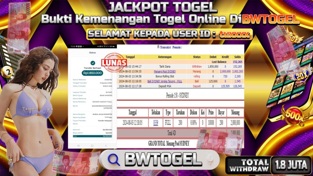 BUKTI JACKPOT TOGEL ONLINE POOL SYDNEY TERPERCAYA DI INDONESIA TGL 03-08-2024