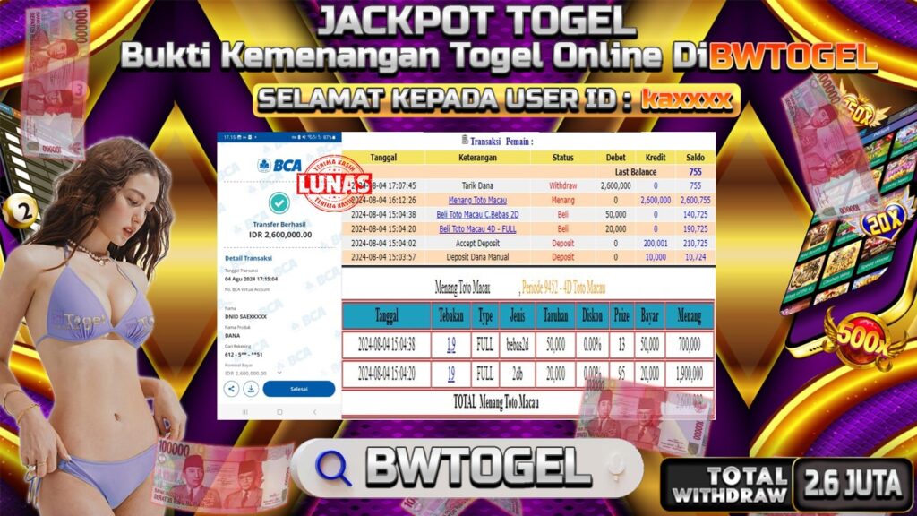 BUKTI JACKPOT TOGEL ONLINE TOTO MACAU 4D TERPERCAYA DI INDONESIA TGL 04-08-2024