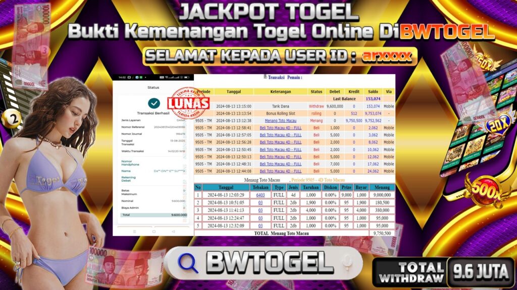 BUKTI JACKPOT TOGEL ONLINE TOTO MACAU 4D TERPERCAYA DI INDONESIA TGL 13-08-2024