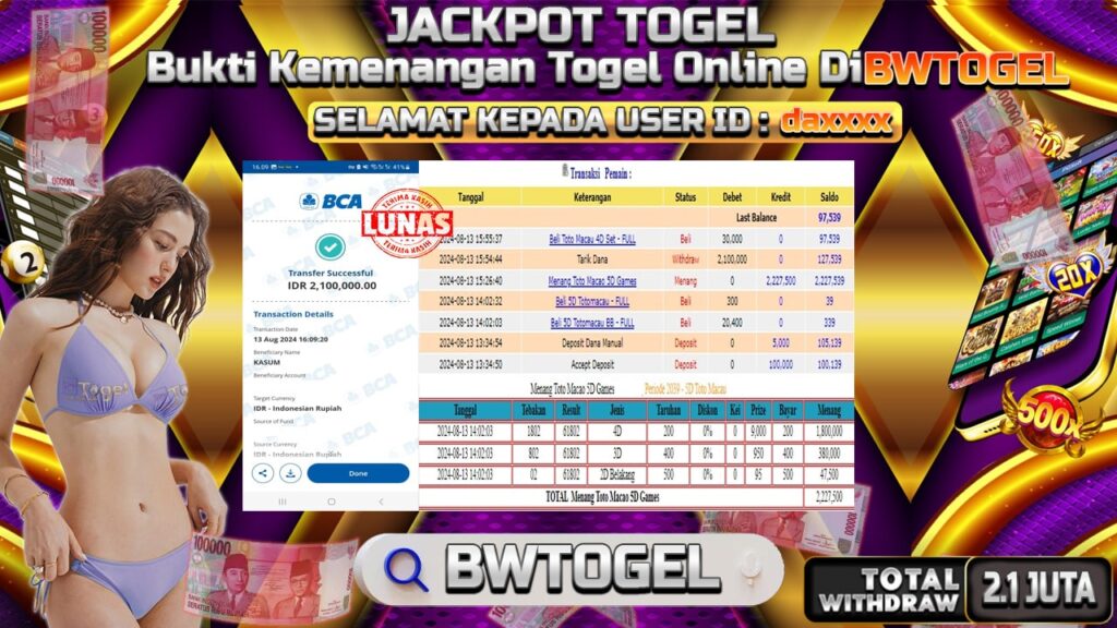 BUKTI JACKPOT TOGEL ONLINE TOTO MACAU 5D TERPERCAYA DI INDONESIA TGL 13-08-2024