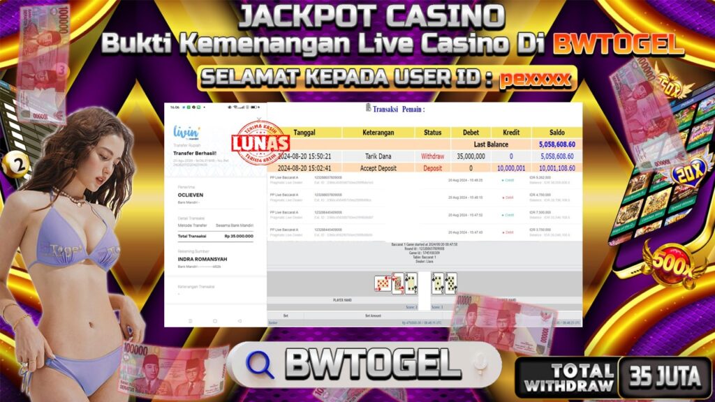 BUKTI JACKPOT LIVE CASINO BACCARAT A TERPERCAYA DI INDONESIA TGL 20-08-2024