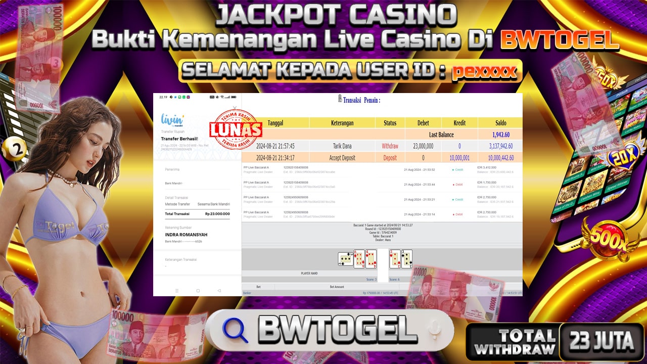 BUKTI JACKPOT LIVE CASINO BACCARAT A TERPERCAYA DI INDONESIA TGL 21-08-2024