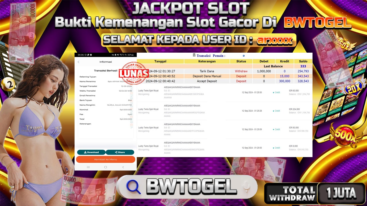 BUKTI JACKPOT SLOT LUCKY TWINS SPIN ROYAL TERPERCAYA DI INDONESIA TGL 12-09-2024