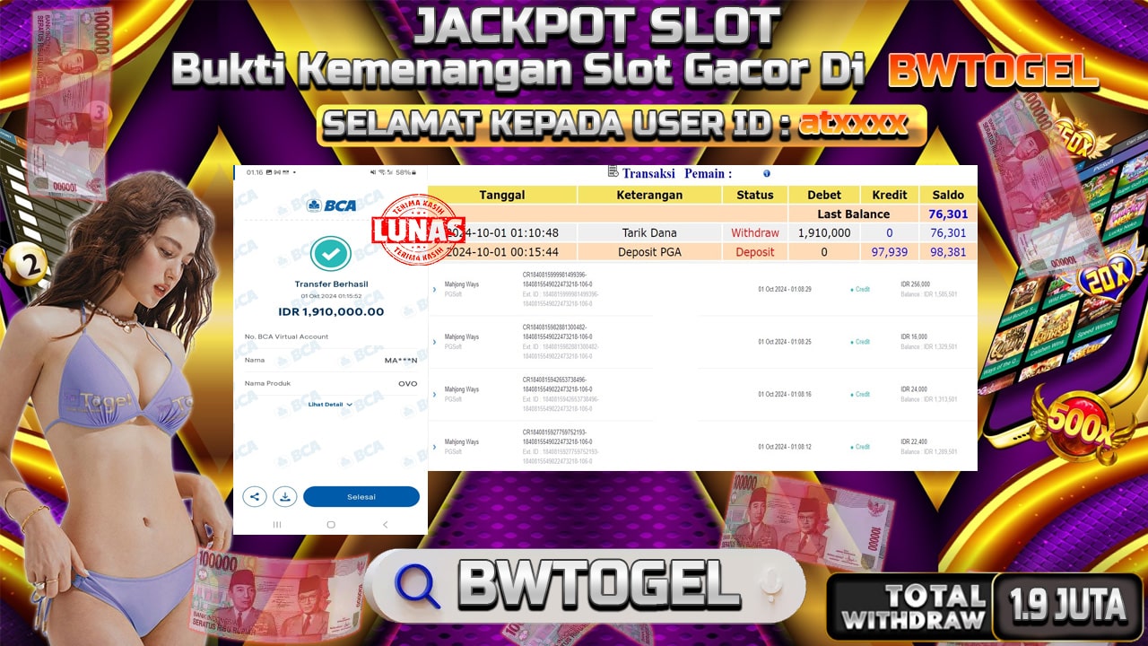 BUKTI JACKPOT SLOT MAHJONG WAYS TERPERCAYA DI INDONESIA TGL 01-10-2024