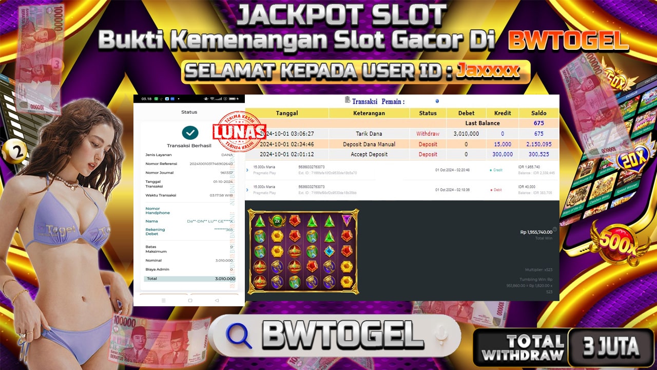 BUKTI JACKPOT SLOT 15.000X MANIA TERPERCAYA DI INDONESIA TGL 01-10-2024