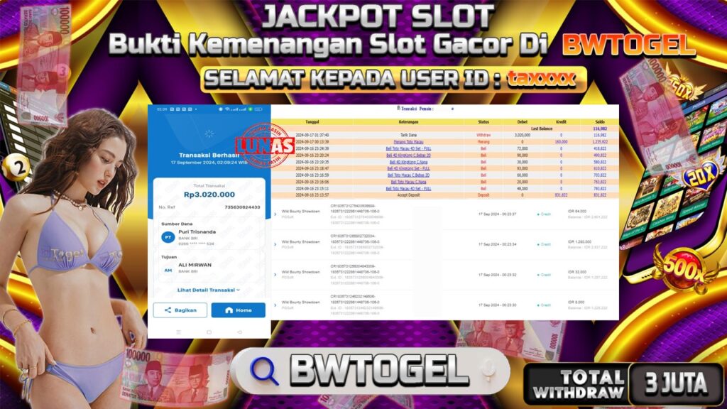 BUKTI JACKPOT SLOT WILD BOUNTY SHOWDOWN TERPERCAYA DI INDONESIA TGL 17-09-2024