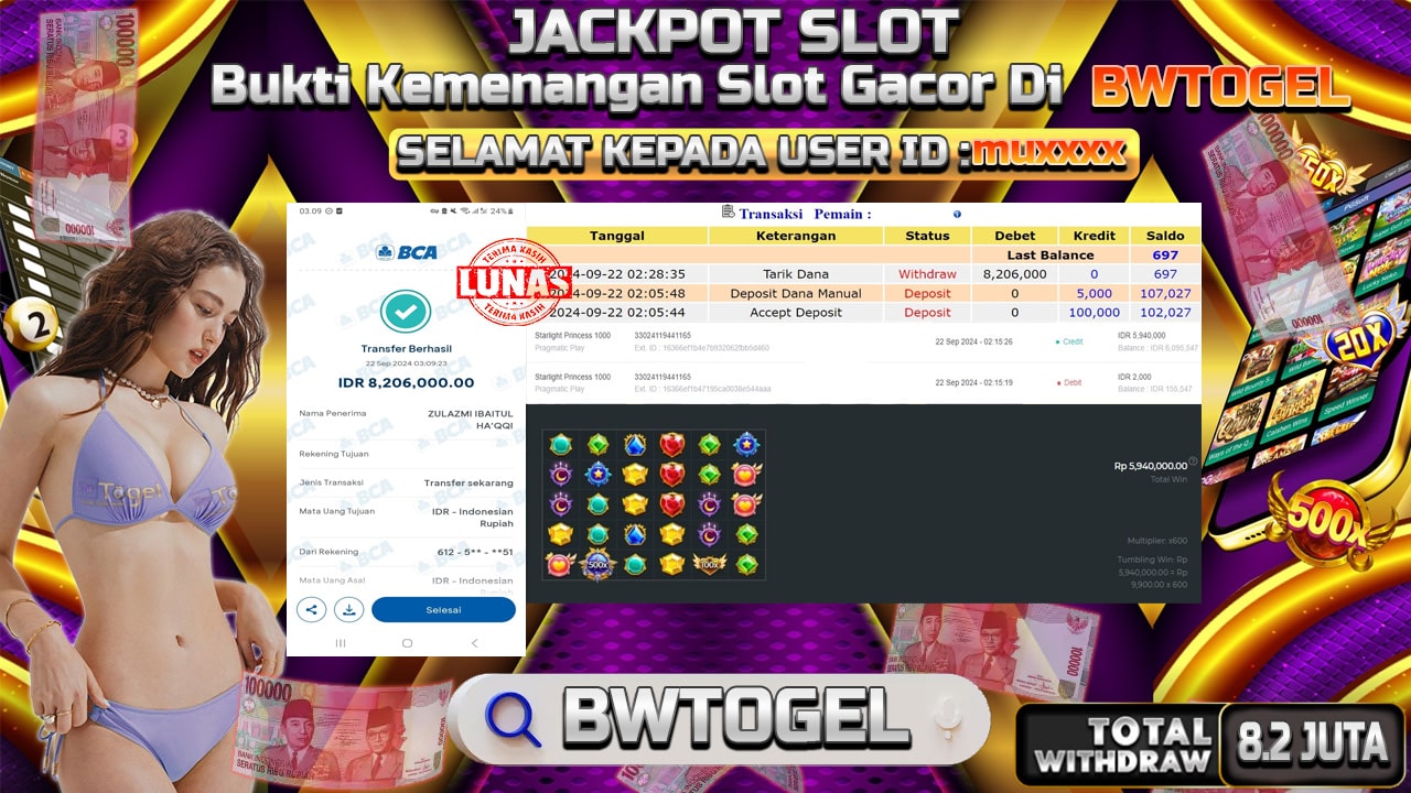 BUKTI JACKPOT SLOT STARLIGHT PRINCESS 1000 TERPERCAYA DI INDONESIA TGL 22-09-2024