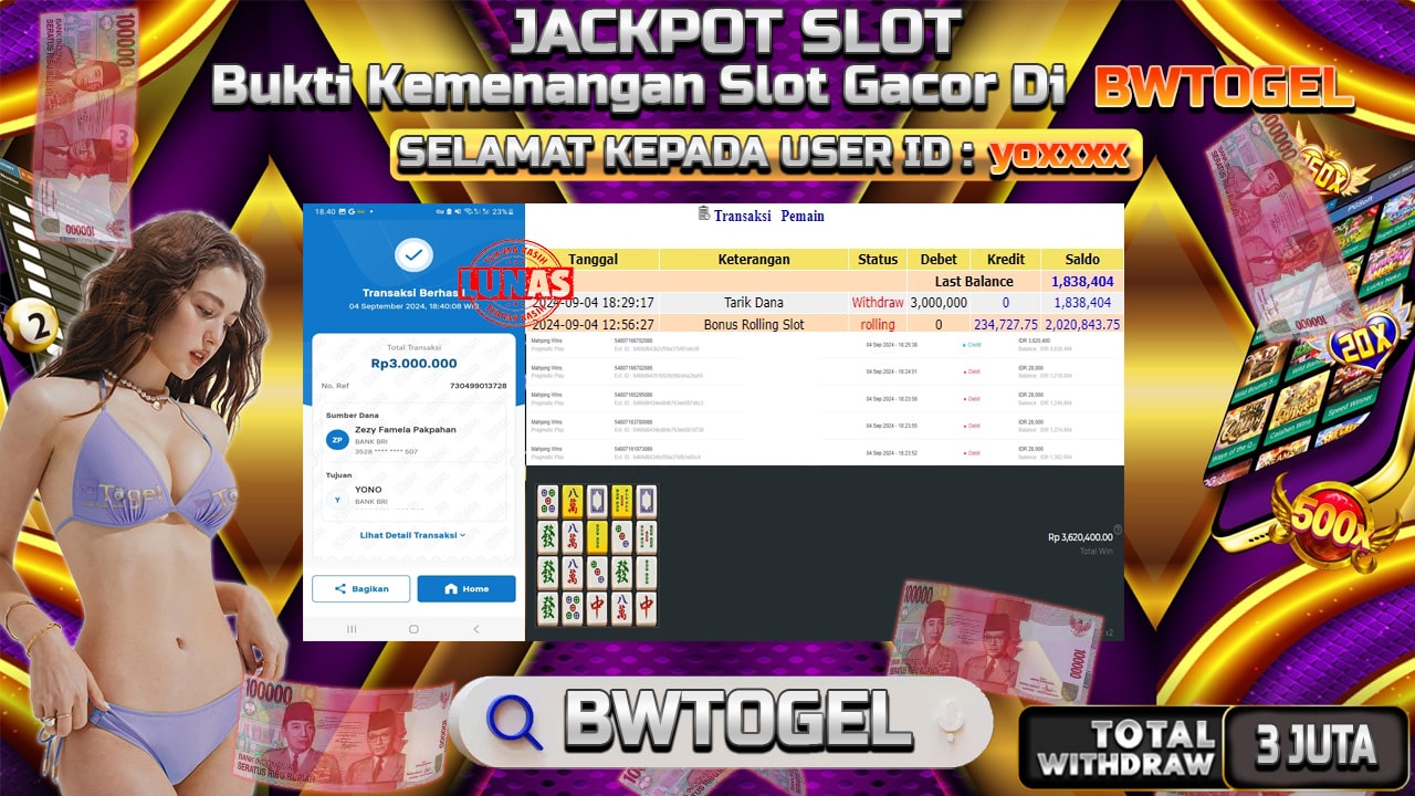 BUKTI JACKPOT SLOT MAHJONG WINS TERPERCAYA DI INDONESIA TGL 04-09-2024