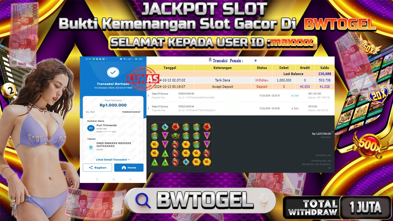 BUKTI JACKPOT SLOT GATES OF OLYMPUS TERPERCAYA DI INDONESIA TGL 13-10-2024