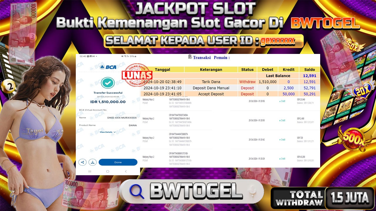 BUKTI JACKPOT SLOT MAHJONG WAYS 2 TERPERCAYA DI INDONESIA TGL 20-10-2024