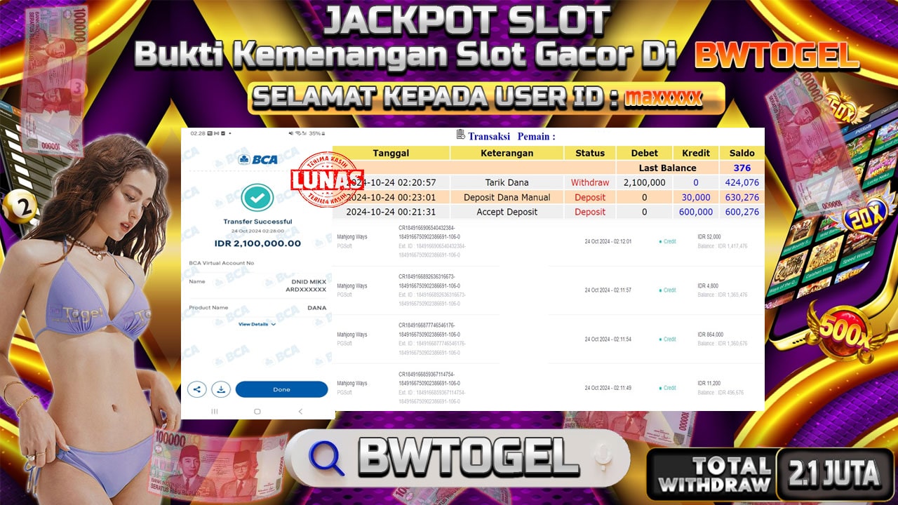 BUKTI JACKPOT SLOT MAHJONG WAYS TERPERCAYA DI INDONESIA TGL 24-10-2024