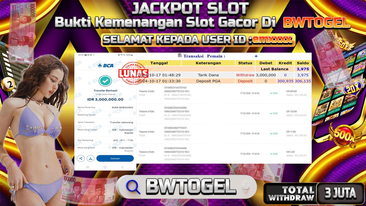 BUKTI JACKPOT SLOT TREASURES OF AZTEC TERPERCAYA DI INDONESIA TGL 17-10-2024