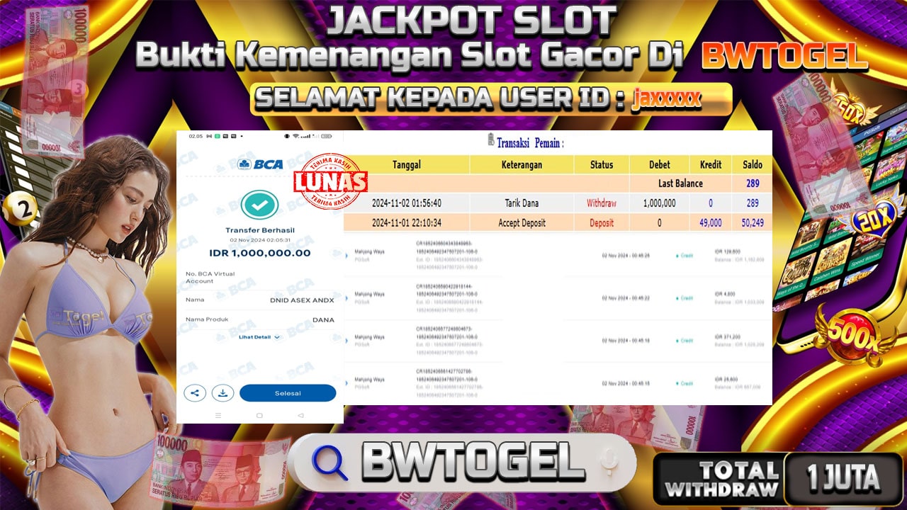 BUKTI JACKPOT SLOT MAHJONG WAYS TERPERCAYA DI INDONESIA TGL 02-11-2024