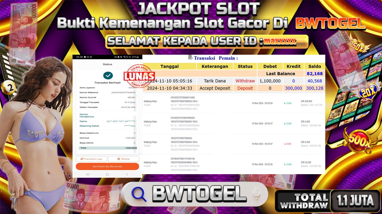 BUKTI JACKPOT SLOT MAHJONG WAYS TERPERCAYA DI INDONESIA TGL 10-11-2024