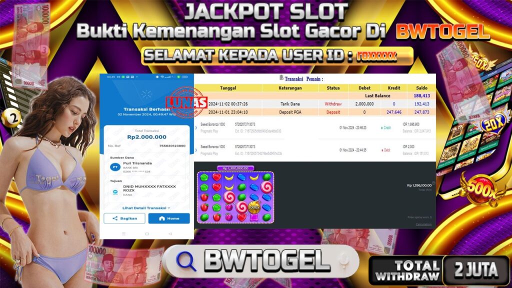 BUKTI JACKPOT SLOT SWEET BONANZA 1000 TERPERCAYA DI INDONESIA TGL 02-11-2024