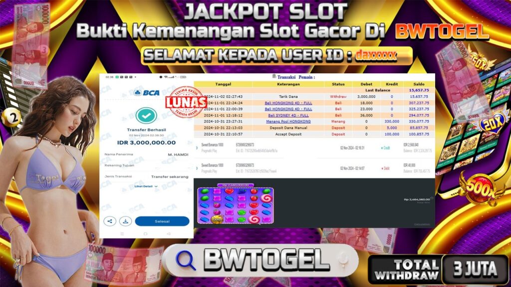 BUKTI JACKPOT SLOT SWEET BONANZA 1000 TERPERCAYA DI INDONESIA TGL 02-11-2024