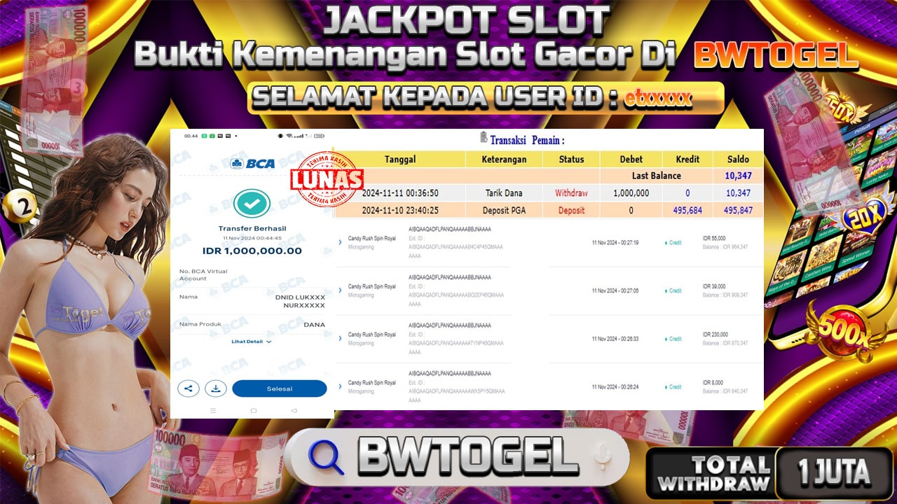 BUKTI JACKPOT SLOT CANDY RUSH SPIN ROYAL TERPERCAYA DI INDONESIA TGL 11-11-2024