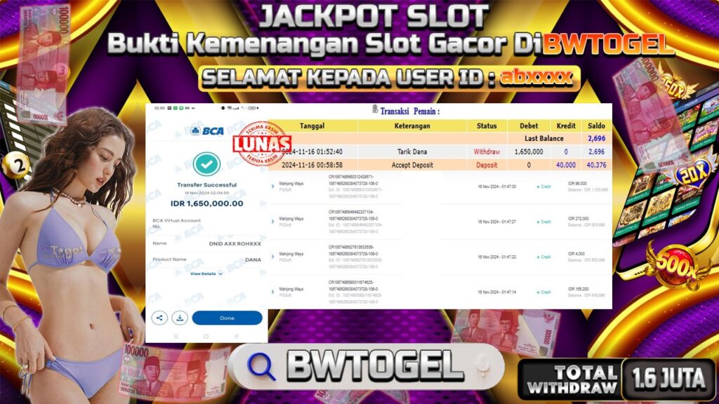 BUKTI JACKPOT SLOT MAHJONG WAYS TERPERCAYA DI INDONESIA TGL 16-11-2024