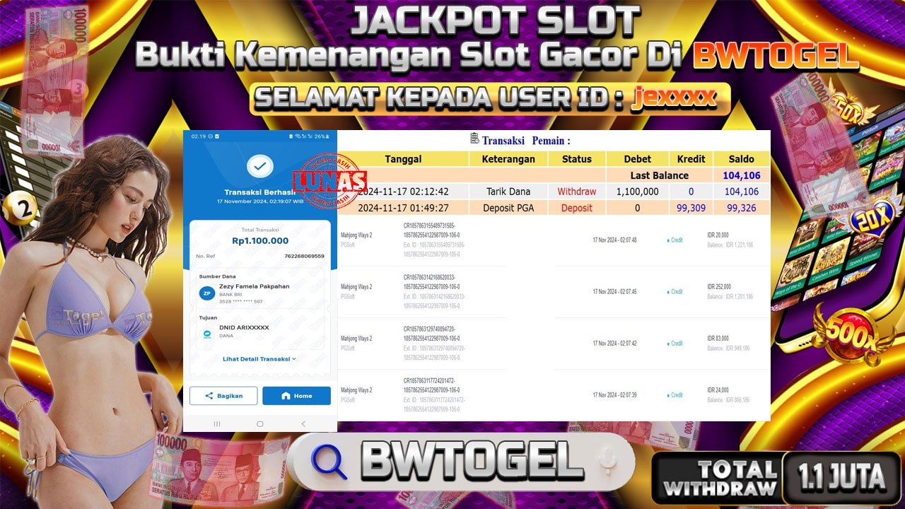 BUKTI JACKPOT SLOT MAHJONG WAYS 2 TERPERCAYA DI INDONESIA TGL 17-11-2024