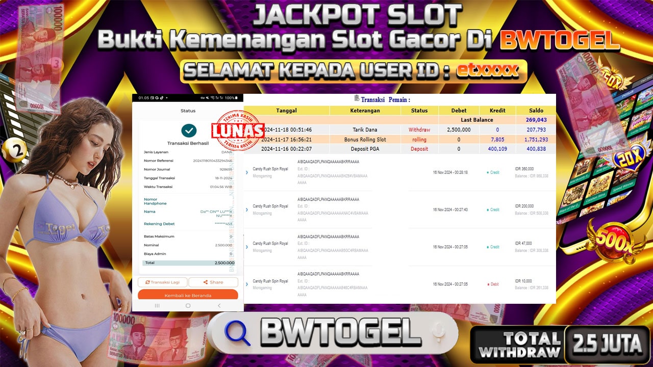 BUKTI JACKPOT SLOT CANDY RUSH SPIN ROYAL TERPERCAYA DI INDONESIA TGL 18-11-2024